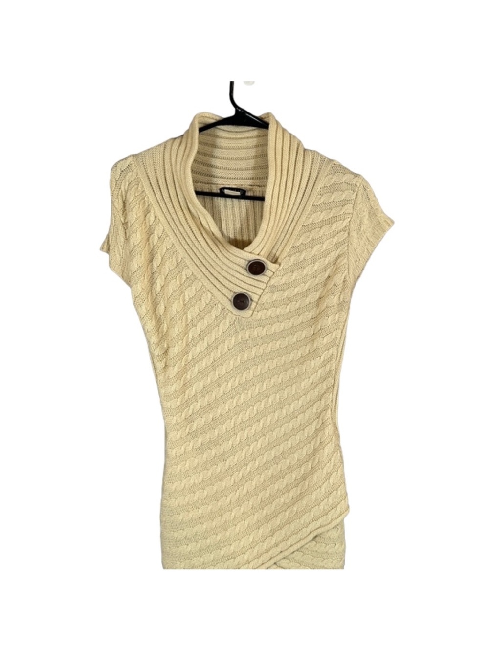 Venus Beige Short Sleeve Cable Knit Faux Button Knit Sweater Women Sz M